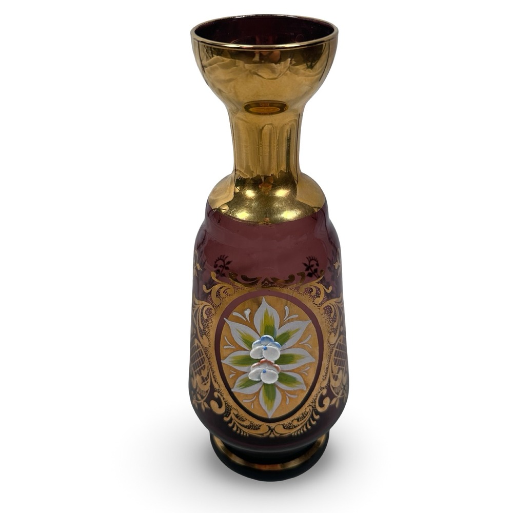 Vintage Bohemian Amethyst Purple Glass Decanter Gold Hand Painted Floral READ